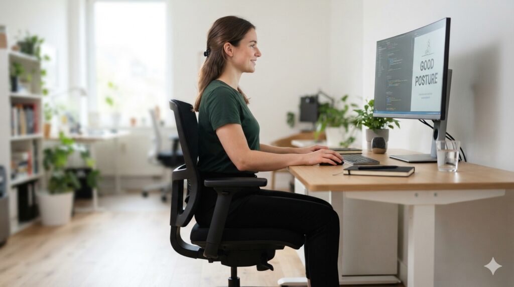 Woman sitting at a desk, displaying good posture