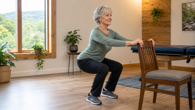 Older woman practicing a supported squat to maintain strength, balance, and mobility.
